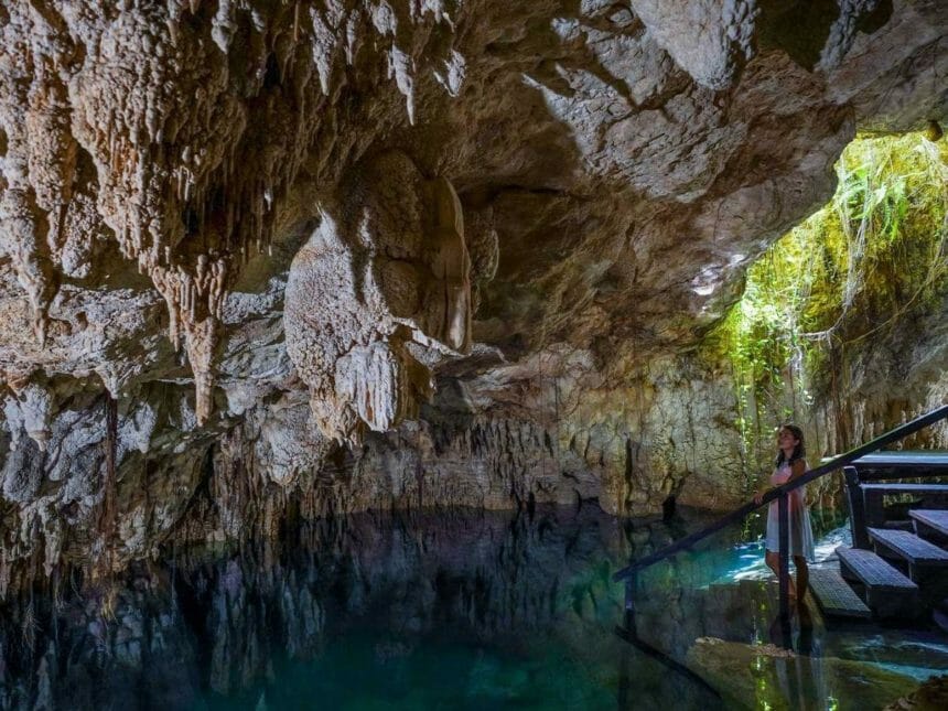 Cenote Zapote Stalactites  girl on a stair