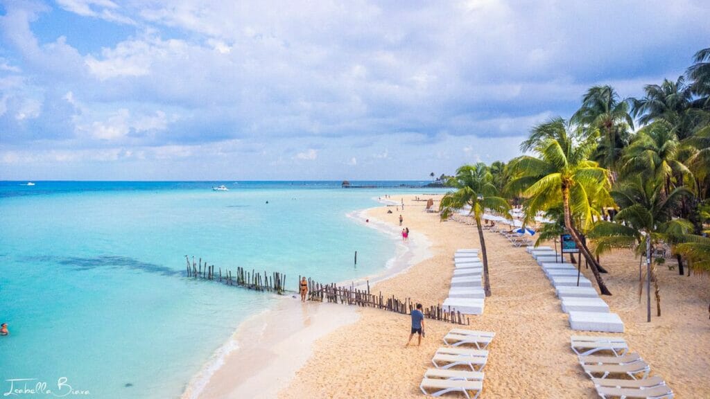 A serene beach scene with turquoise water, white sand, and palm trees. People stroll along the shore, and white lounge chairs are set up under the trees. A few boats float in the distance, possibly heading from Cancun to Isla Mujeres.